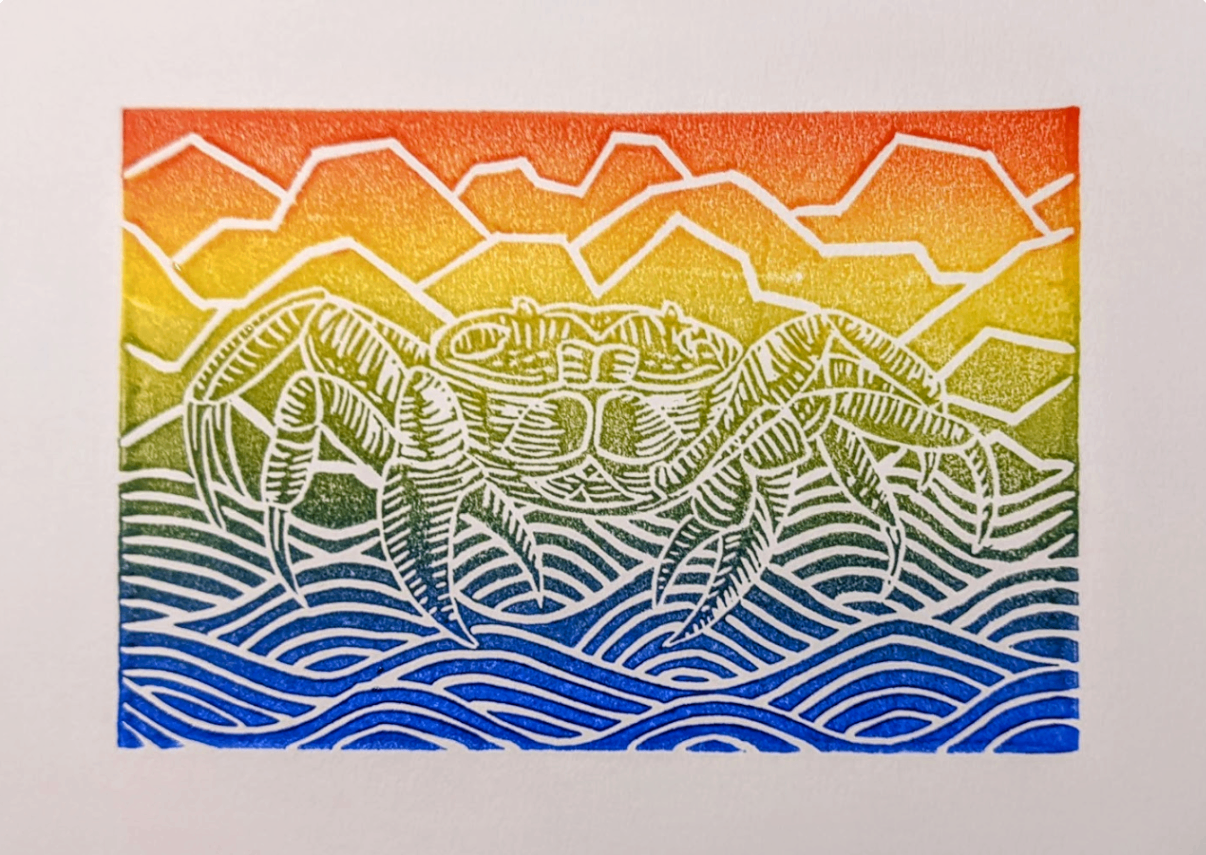 Crab (rainbow), linocut print