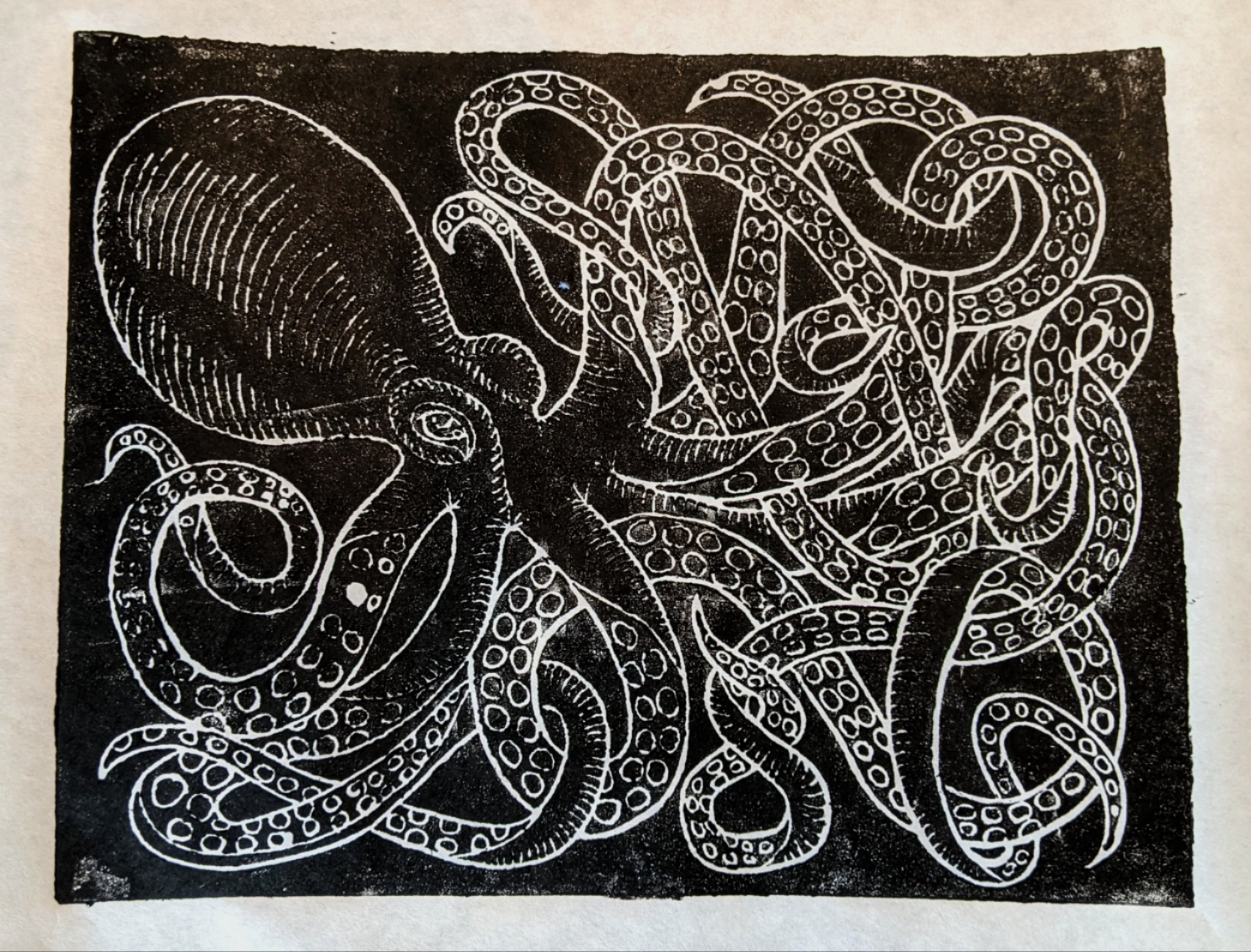 Octopus (black), linocut print