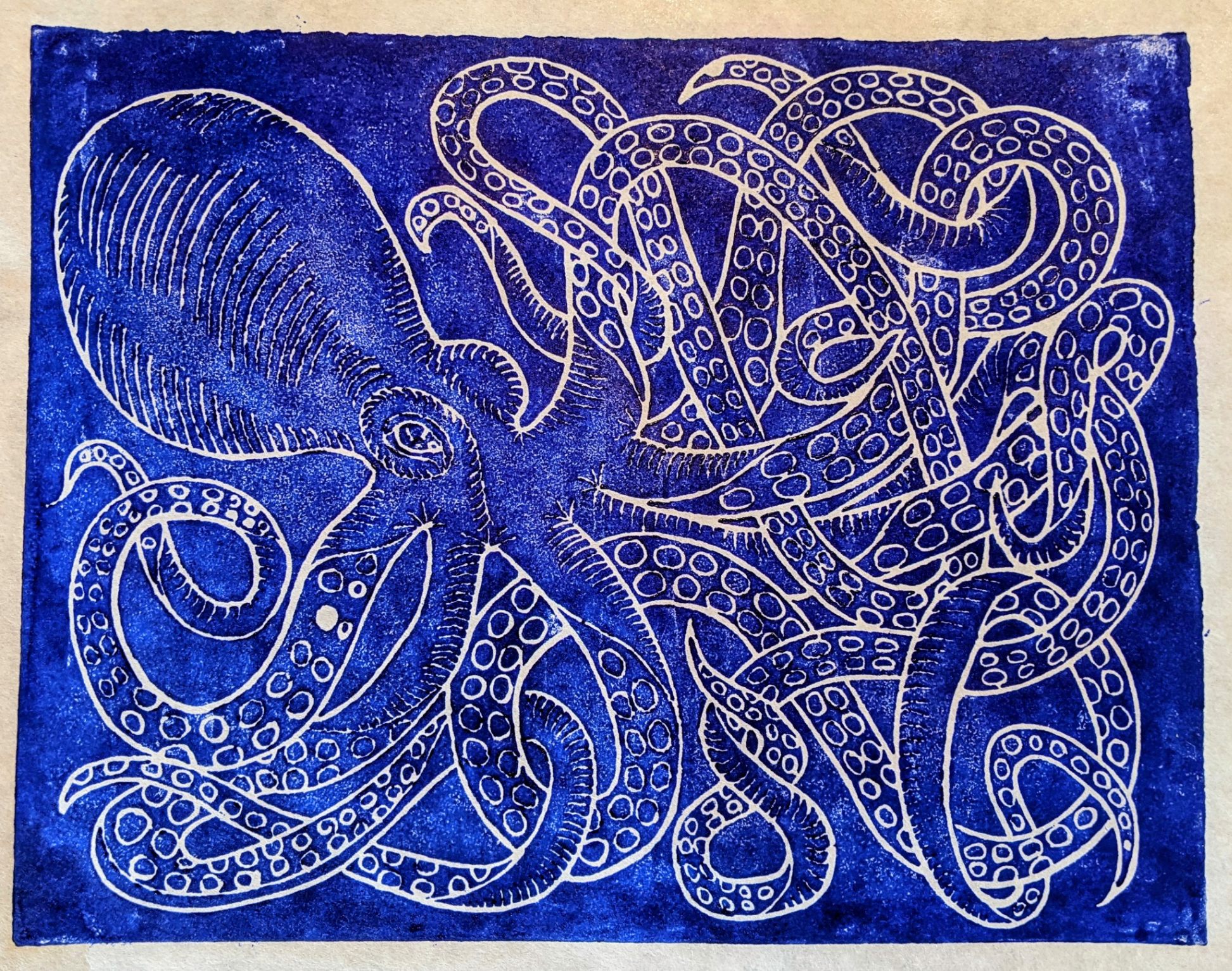 Octopus (blue), linocut print
