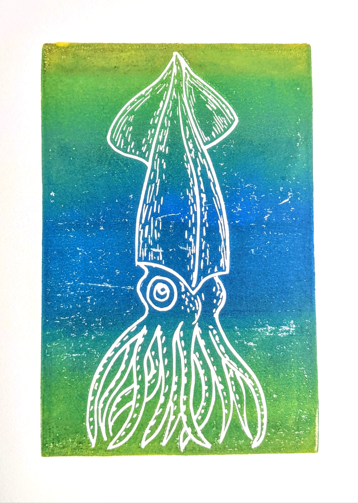 Squid (blue-green), linocut print
