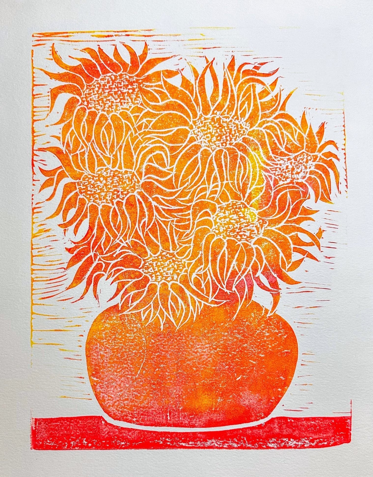 Sunflowers (orange/yellow), linocut print