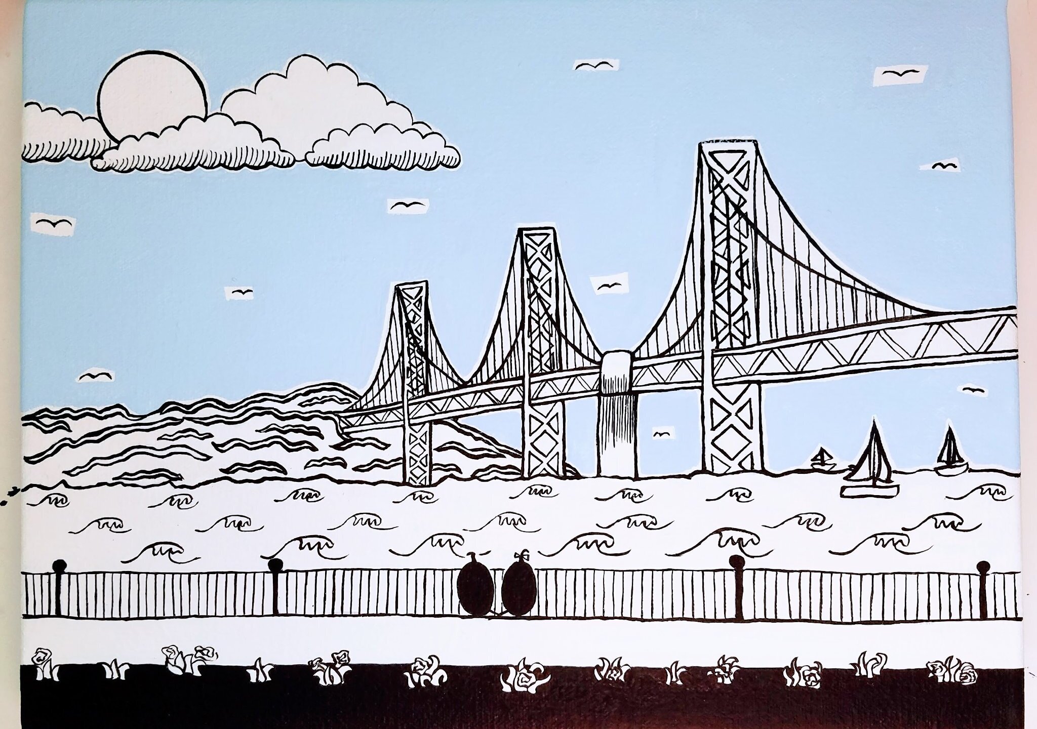Bay Bridge — acrylic and ink on canvas by Janel Thamkul