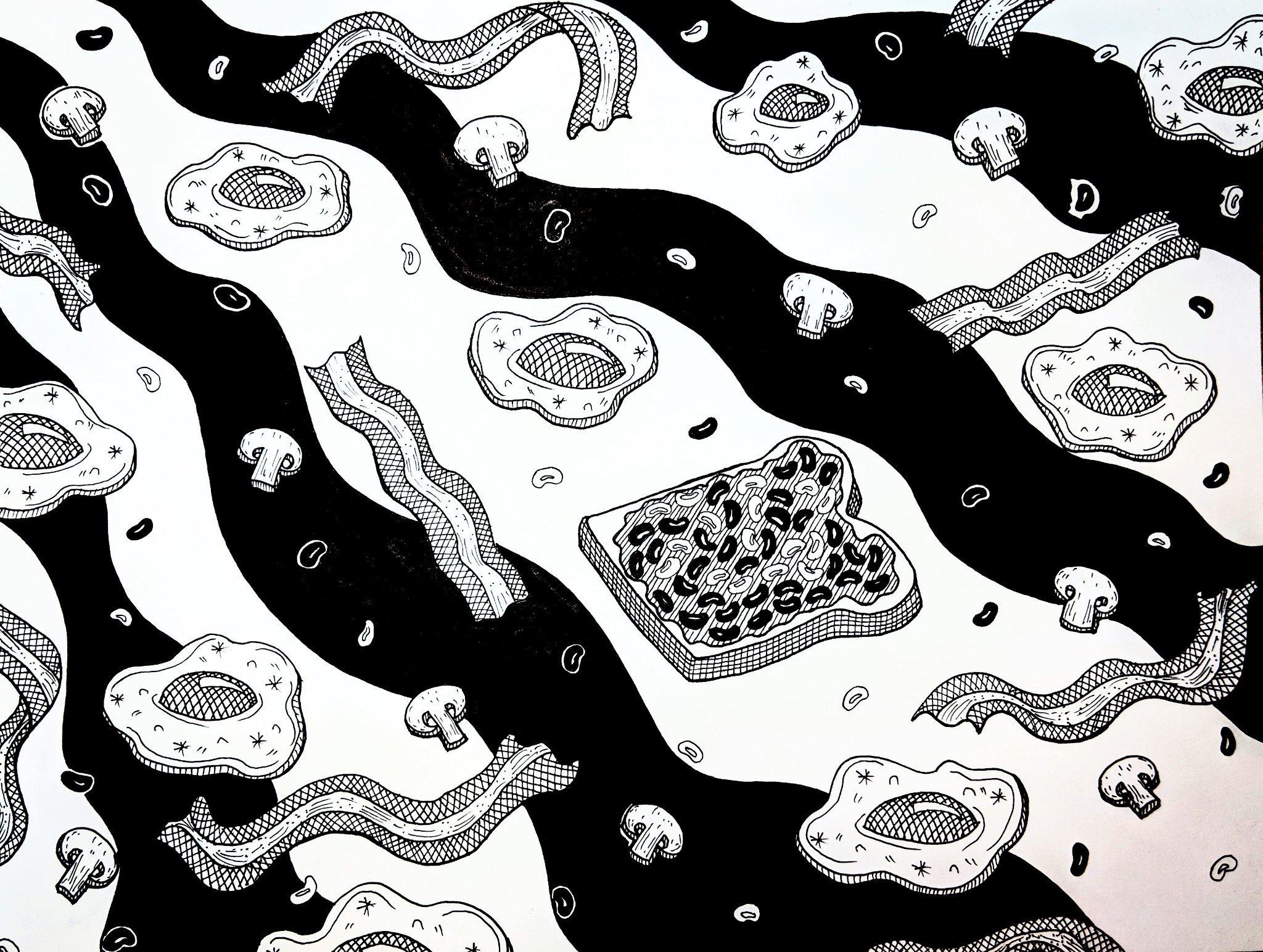 Eggs, Bacon, Beans on Toast, ink on paper