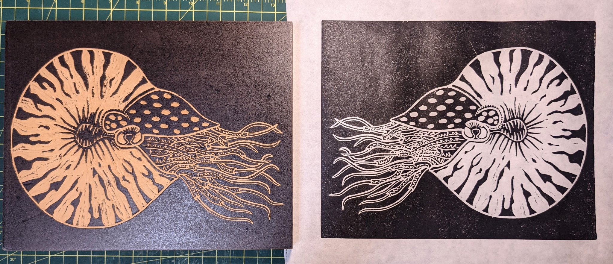 Nautilus (plate & print), linocut
