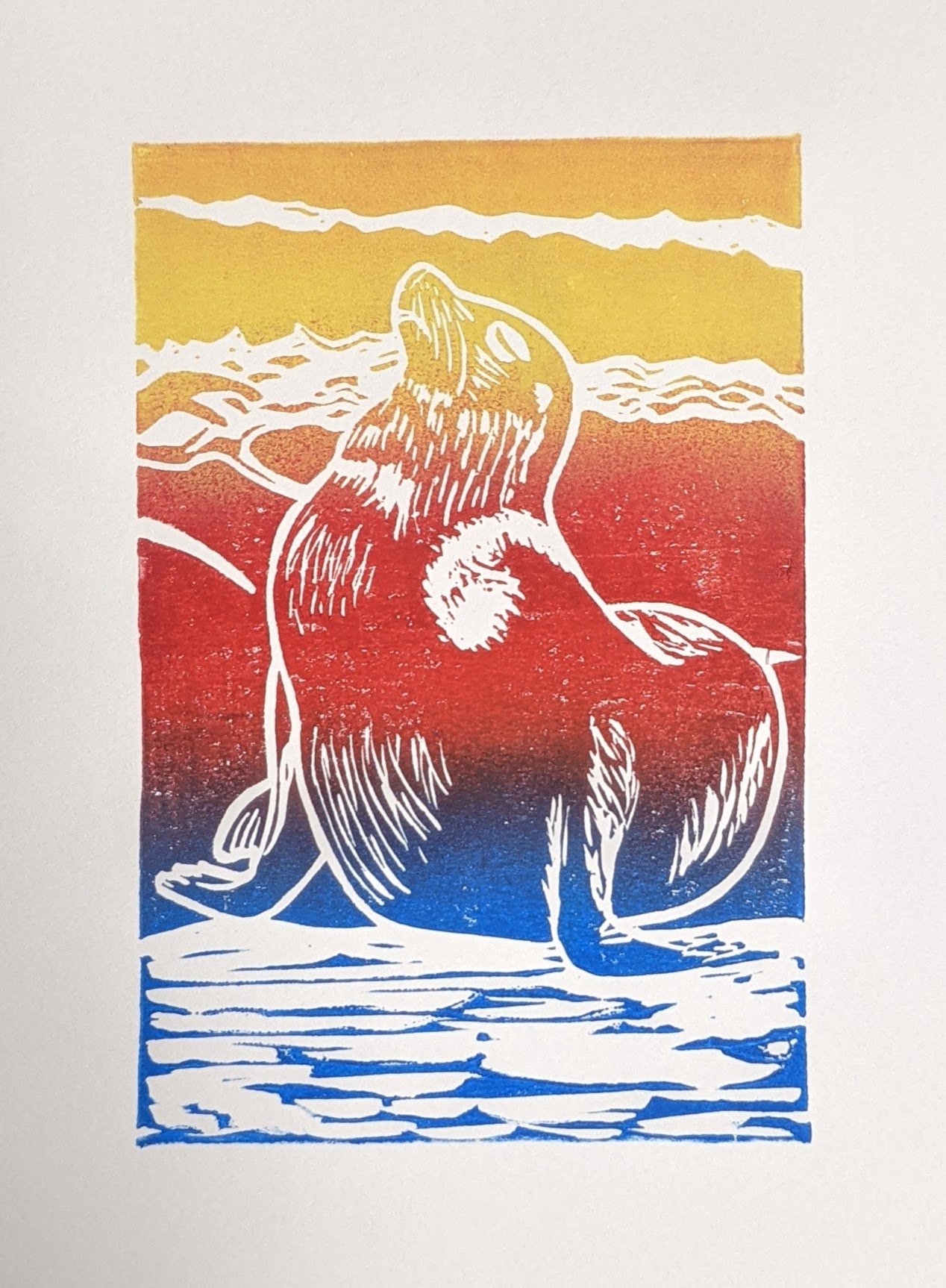 Sea Lion (sunset), linocut print